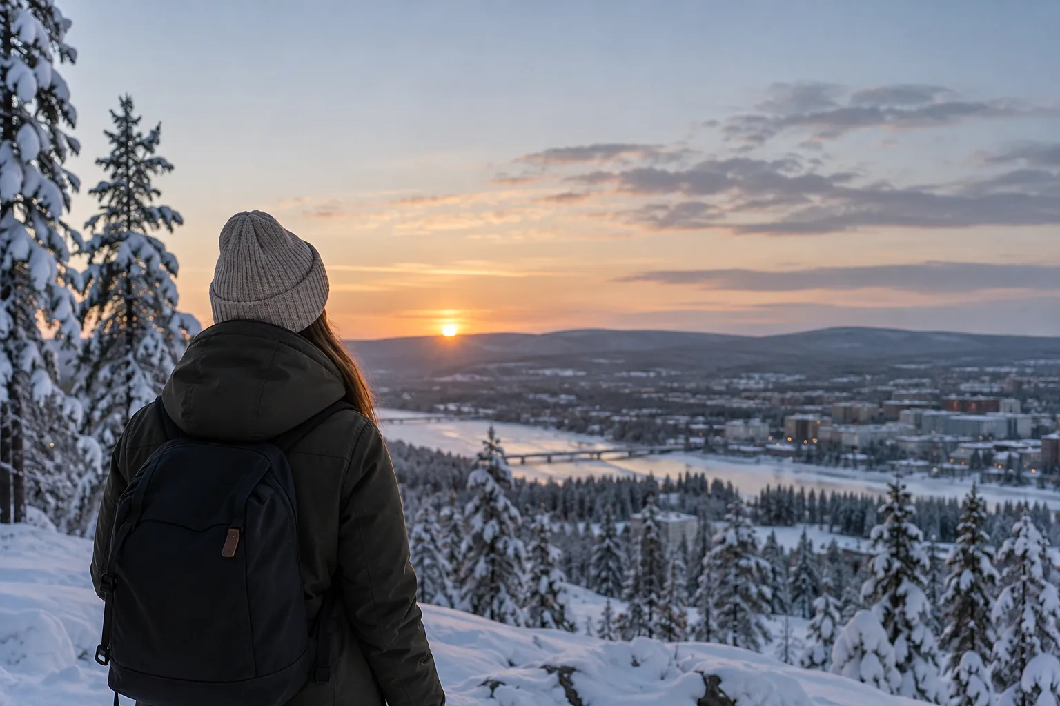 Traveller overlooking a snowy Lapland town and forest at winter sunset.