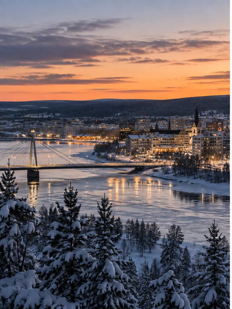 Rovaniemi in winter with the river, city lights and snowy forest.
