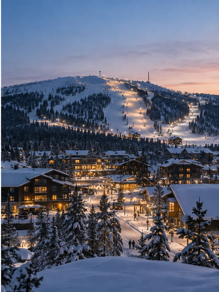 Levi village and ski slopes in winter.