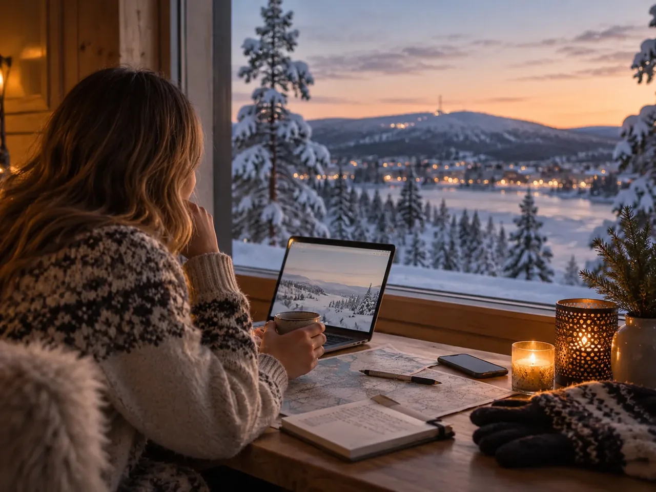 Traveller planning a Lapland trip by a window in winter.