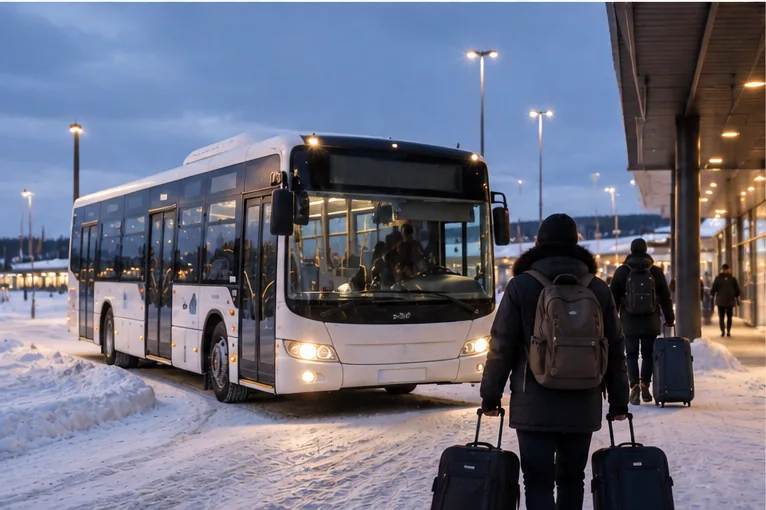 Bus at a snowy Lapland transport stop with travellers.