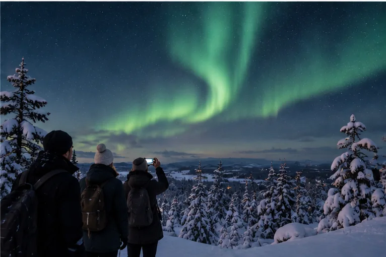 Travellers watching the northern lights in a snowy forest.