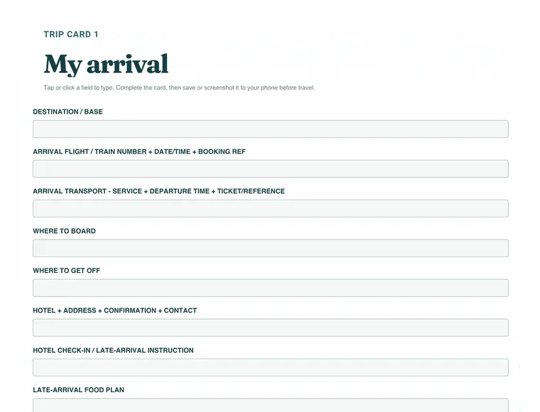 Cropped preview of a fillable arrival Trip Card